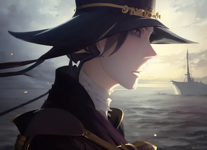 Image similar to side portrait of lady maria, helm of second world war warship in background, illustration concept art anime key visual trending pixiv fanbox by wlop and greg rutkowski and makoto shinkai and studio ghibli and kyoto animation, symmetrical facial features, astral witch clothes, dieselpunk, golden details, gapmoe yandere grimdark, volumetric lighting, backlit