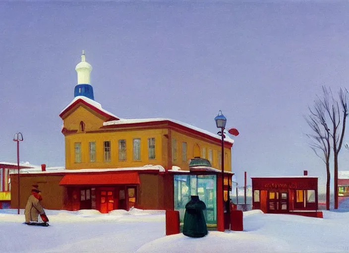 Prompt: a peaceful view of a finnish town in winter, snowfall, gas station cafe, painting by edward hopper