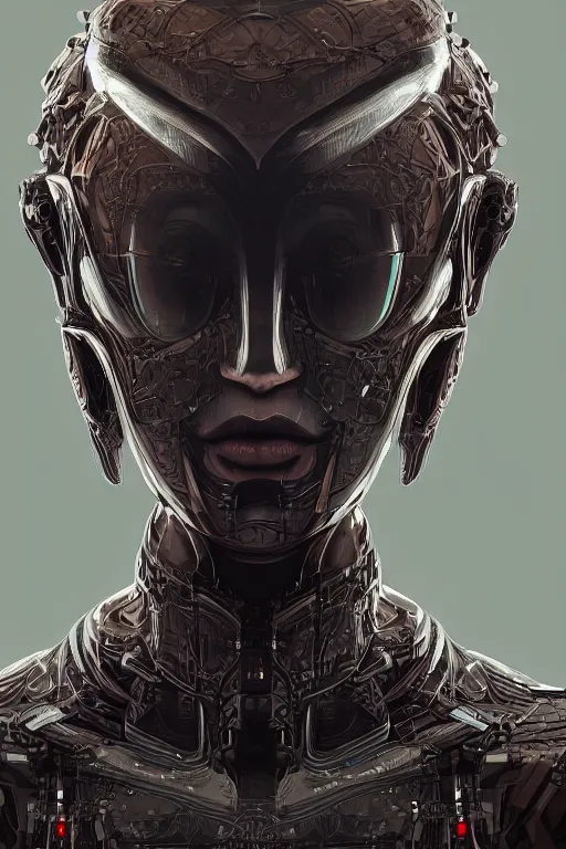 Image similar to beautiful portrait of friendly attractive alien cyborg, style of Feng Zhu, Artstation geometric, aesthetic, smooth skin, unique features, symmetrical, intricate crown, high fashion, streetwear, cyberpunk, detailed, octane render, cinematic, 8k, purple skin, brown skin