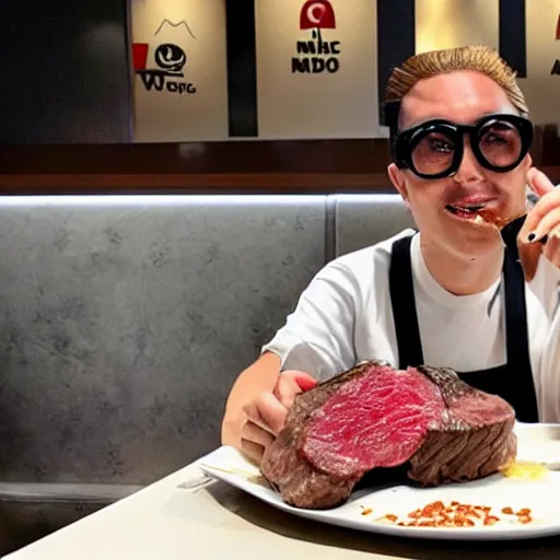 Prompt: a famous hollywood personality, eating wagyu steak at a macdonalds restaurant