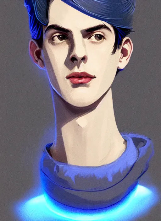 Image similar to portrait of teenage jughead jones wearing a light grey crown, crown, blue turtleneck, 1 9 5 0 s, closed eyes, photorealistic, black hair, glowing lighting, intricate, elegant, glowing lights, highly detailed, digital painting, artstation, concept art, smooth, sharp focus, illustration, art by wlop, mars ravelo and greg rutkowski