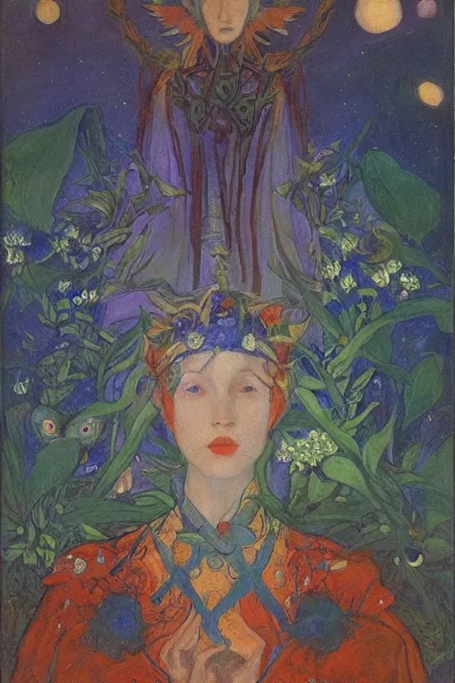 Image similar to queen of the night garden by Annie Swynnerton and Nicholas Roerich, strong dramatic cinematic lighting , ornate headdress , flowing robes, lost civilizations, smooth, sharp focus, extremely detailed