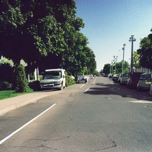 Image similar to a photograph of a suburban street during summer, trending on tumblr, 2 0 0 6, taken with a disposable camera