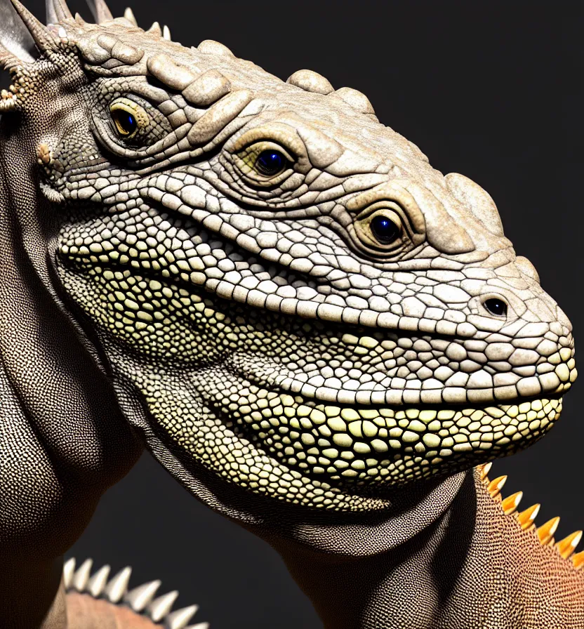 Image similar to antasy creature setting all : iguana head : : 0. 5 the head has a symmetrical horn and tumor, and there is a rhino horn at the front of the beak, and the mouth is open to reveal a mouth full of fangs with huge wings, full body rich detail realistic photoreal photorealistic octane render 8 k