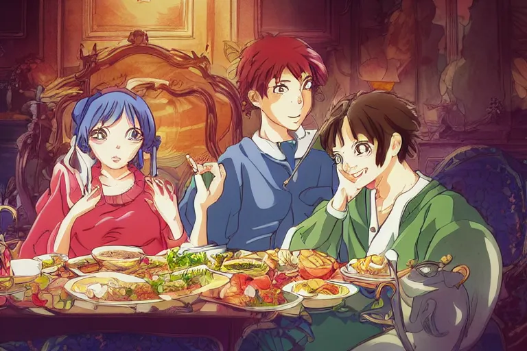 Image similar to cell shaded anime key visual of a royal family having a feast in the style of studio ghibli, moebius, ayami kojima, makoto shinkai, dramatic lighting, clean lines