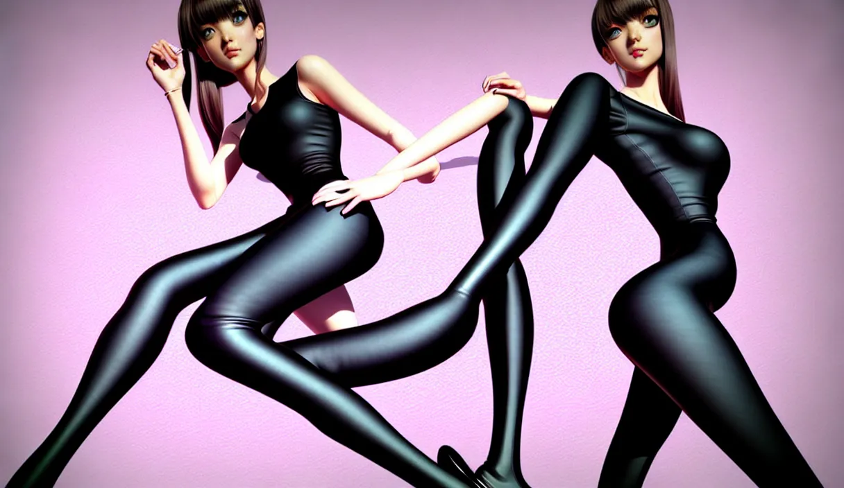 Image similar to large realistic richly detailed colored pencil 3D illustration of an attractive woman wearing a tight black dress and black thigh-high leggings think about the galaxy, art by Range Murata and Artgerm.