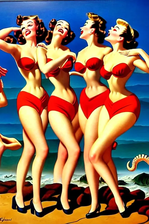 Prompt: 1940s group of pinup bikini girls being hugged by giant octopus, oil painting, by Gil Elvgren