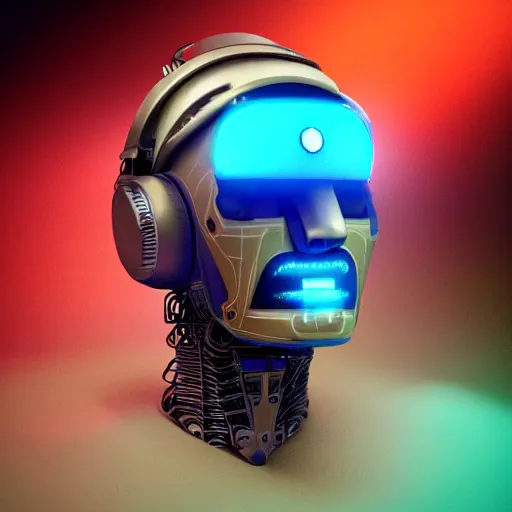 Image similar to a claymodel of a dieselpunk aztec futuristic robot head wearing an emotiv eeg - headset, 8 k, front shot, symetrical, flourescent colors, halluzinogenic, multicolored, insanely detailed, front shot, 3 d render, octane