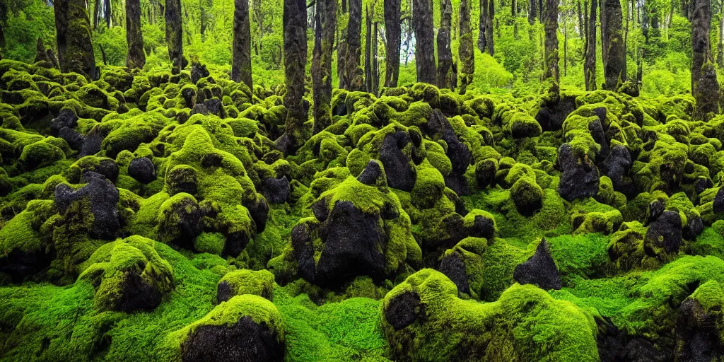 Prompt: photo of a landscape with lush forest, wallpaper, very very wide shot, iceland, new zeeland, green flush moss, national geographic, award landscape photography, professional landscape photography, iwagumi design, big sharp rock, ancient forest, primordial, sunny, day time, beautiful