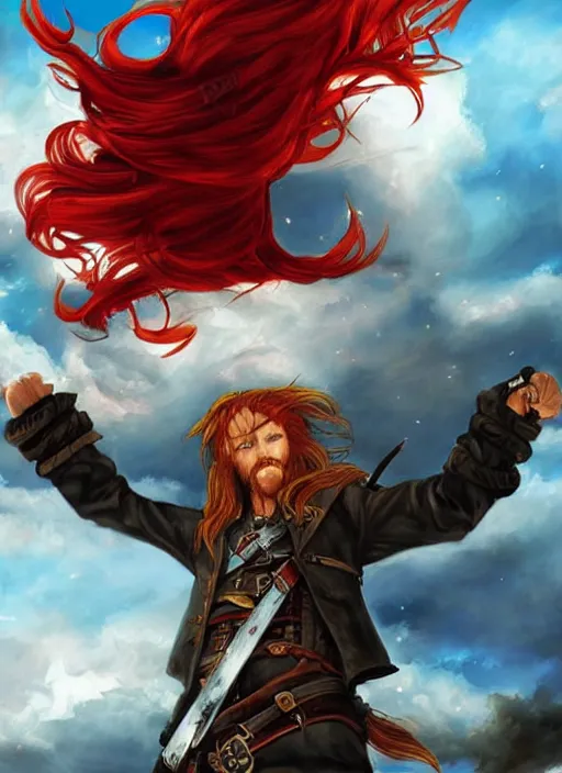 Image similar to epic fantasy portrait painting of a long haired, red headed male sky - pirate in front of an airship in the style of the full metal alchemist anime