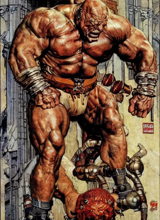 Image similar to portrait of muscular morgan aste as marvel's the thing, dynamic, by norman rockwell and lawrence alma tadema and jack kirby and greg staples and nc wyeth and tom lovell