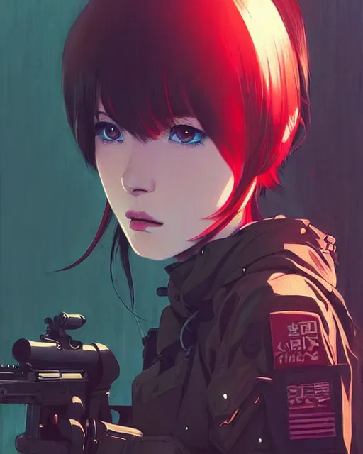 Image similar to girl wearing tactical gear | | very very anime!!!, fine - face, audrey plaza, realistic shaded perfect face, fine details. anime. realistic shaded lighting poster by ilya kuvshinov katsuhiro otomo ghost - in - the - shell, magali villeneuve, artgerm, jeremy lipkin and michael garmash and rob rey