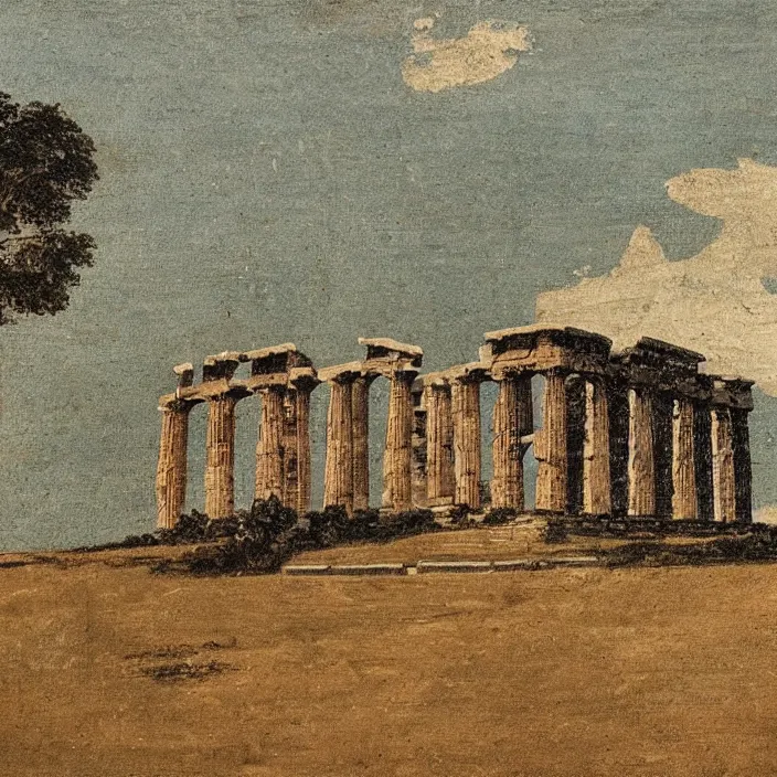 Prompt: a building in a serene landscape, ancient greek painting