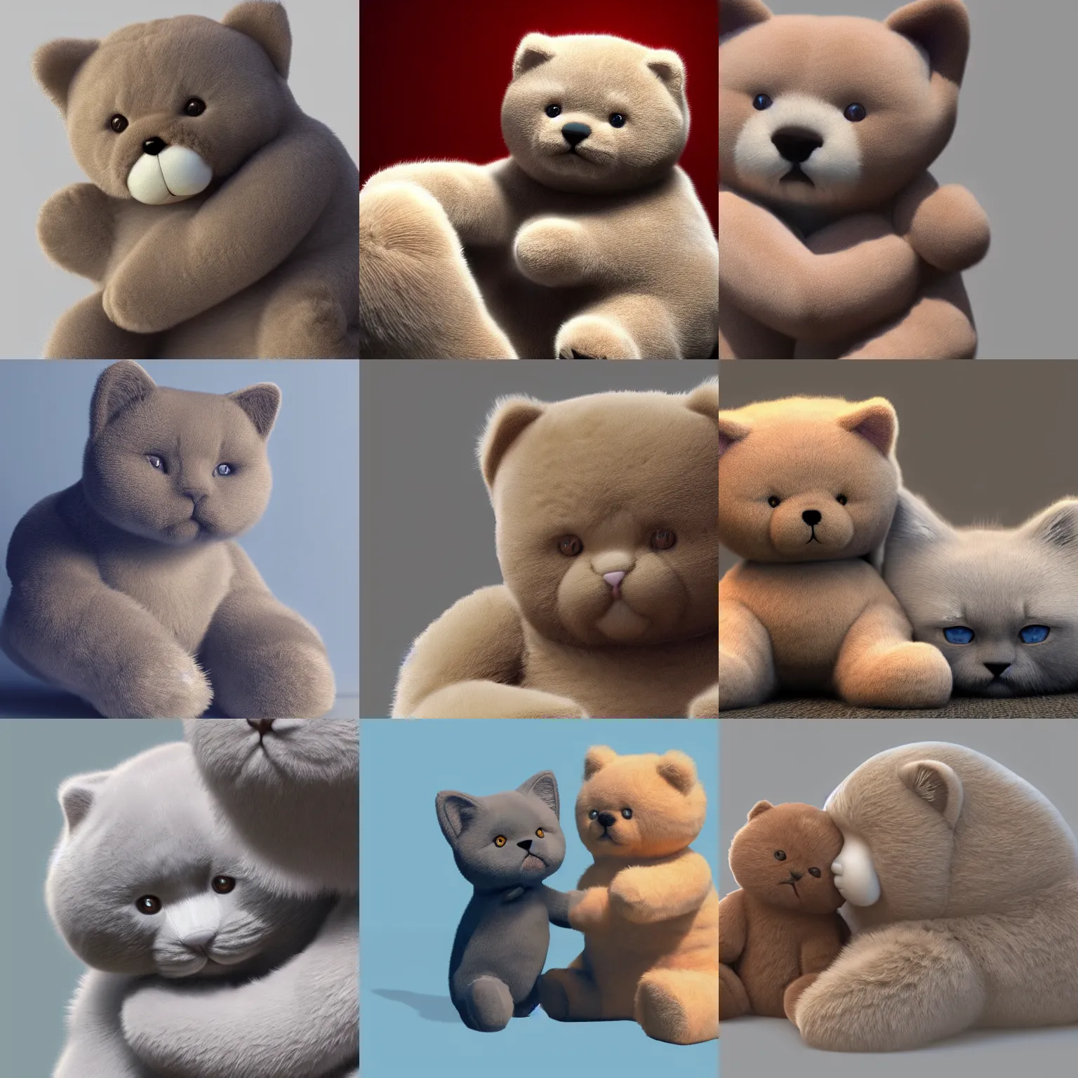 Prompt: realistic image of a british shorthair cat hugging a fluffy teddybear, hd, artstation, award winning, 4k wallpaper