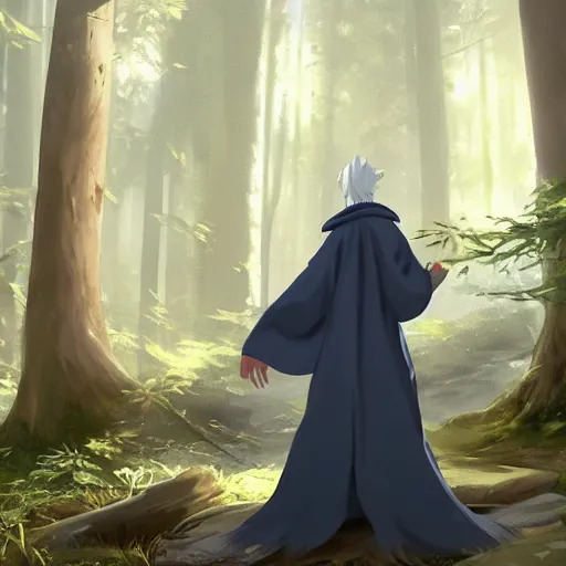 Image similar to concept art painting of an anthropomorphic humanoid white raven wearing dark blue robes, in the deep forest, realistic, detailed, cel shaded, in the style of makoto shinkai and greg rutkowski and james gurney