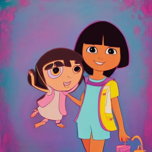 Prompt: dora the explorer as real girl in happy pose, detailed, intricate complex background, Pop Surrealism lowbrow art style, muted pastel colors, soft lighting, 50's looks by Kanjana Khumcruth (Gan)