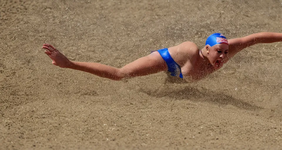 Image similar to olympic swimming in sand instead of water, extremely coherent, motion blur