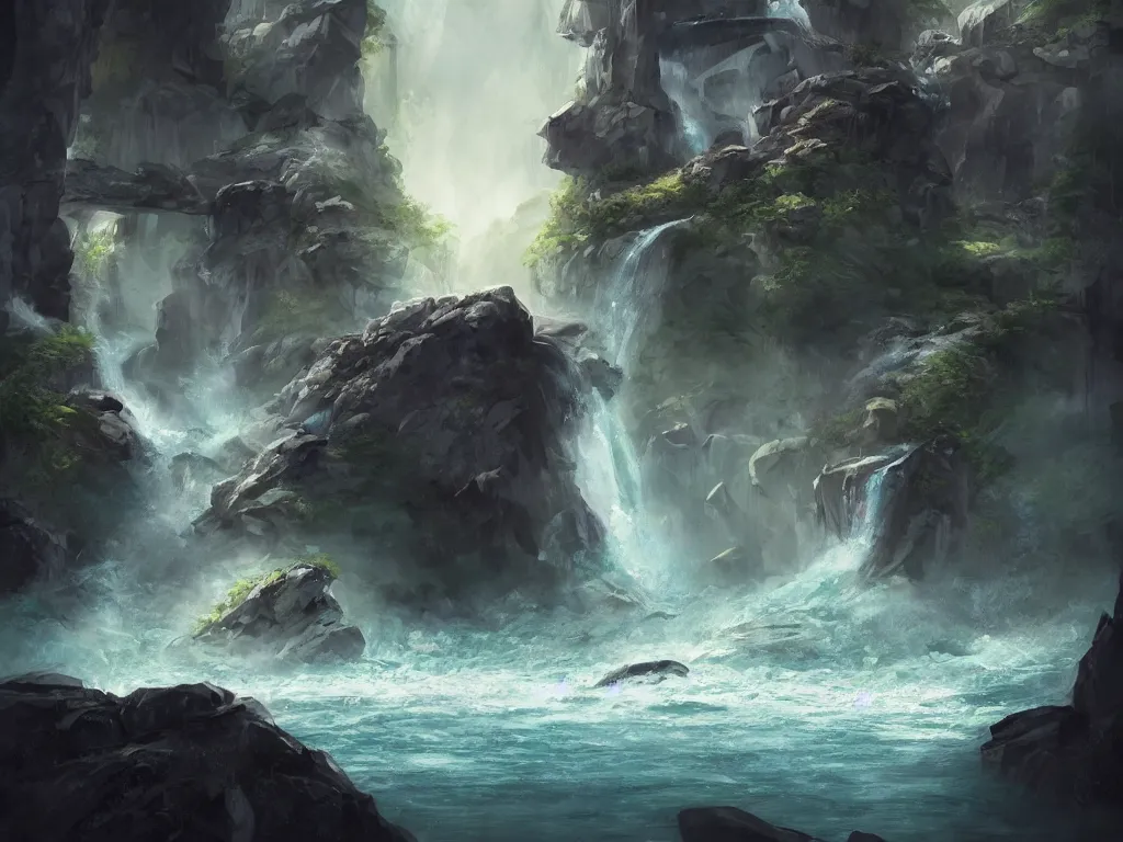 Prompt: A beautiful concept art painting of a giant levitating stone with waterfalls falling off its edges, by Natasha Tan, trending on artstation, dramatic lighting