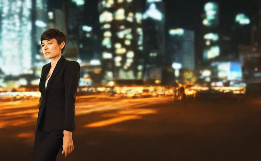 Prompt: a wide shot of a woman with a wool suit, short hair, blurred face, wearing an omega speedmaster on her wrist in front of a crowded dystopian city at night with cyberpunk lights