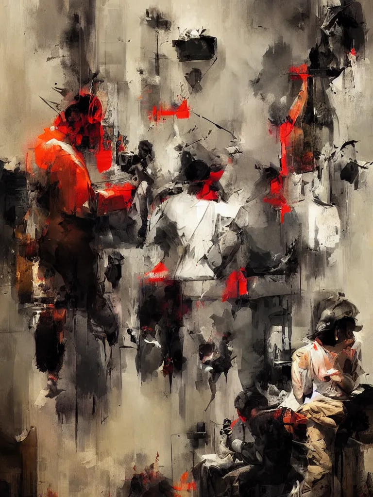 Image similar to a beautiful picture by joram roukes of people looking at their phone in a bathroom, color bleeding, brushstrokes by jeremy mann