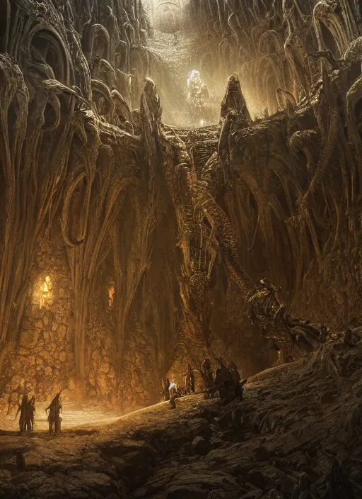 Image similar to medieval adventurers in the lord of the rings scenery landscape, inside an enormous alien cathedral, tarrasque, portal to another dimension, highly detailed, cinematic lighting, perfect composition, 4 k, gustave dore, derek zabrocki, greg rutkowski, beksinski, octane render