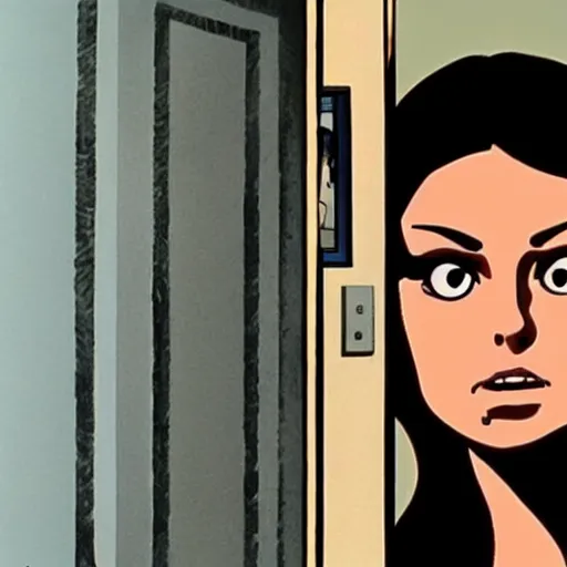 Image similar to Mila Kunis looks to her right at a door leaking black ink onto the floor by Junji Ito