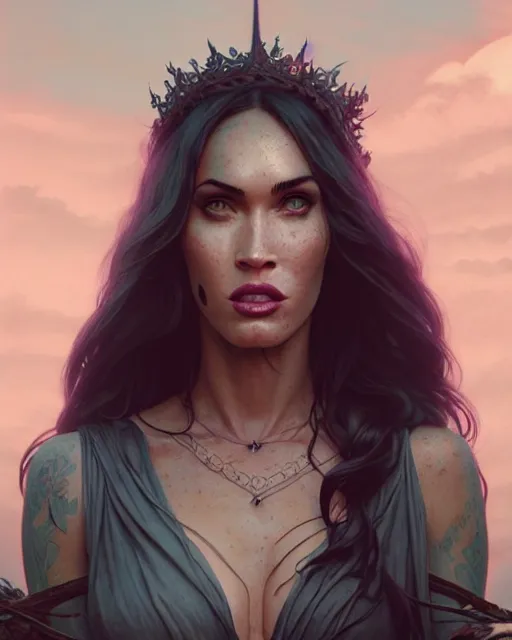 Image similar to highly detailed vfx portrait of megan fox as a witch, stephen bliss, unreal engine, greg rutkowski, loish, rhads, beeple, makoto shinkai and lois van baarle, ilya kuvshinov, rossdraws, tom bagshaw, alphonse mucha, global illumination, detailed and intricate environment