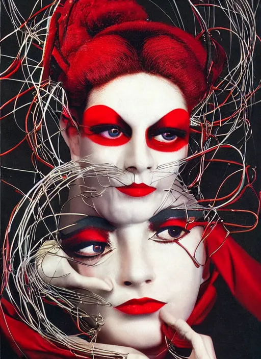 Image similar to an 8 0 s portrait of a woman with dark eye - shadow and red lips with dark slicked back hair, a mask made of wire and beads, dreaming acid - fueled hallucinations by serge lutens, rolf armstrong, delphin enjolras, peter elson, red cloth background