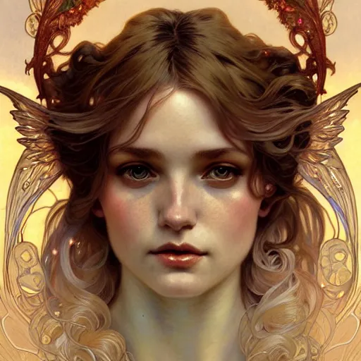 Image similar to Portrait of an angel girl with glowing halo and highly detailed intricate wings, art nouveau, fantasy, intricate, elegant, highly detailed, digital painting, artstation, concept art, smooth, sharp focus, illustration, art by Krenz Cushart and Artem Demura and alphonse mucha