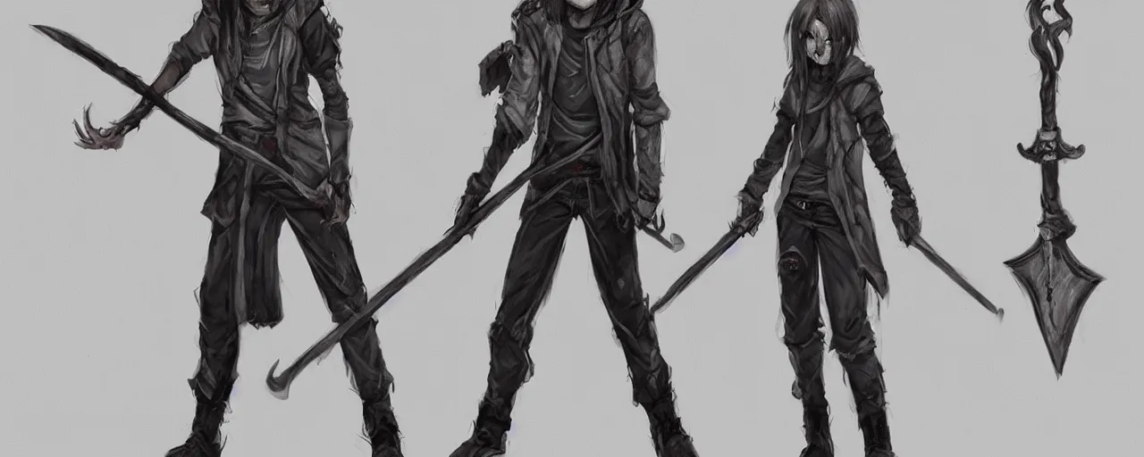 Prompt: A character sheet of a teenager with black long hair wearing a grey hoodie while wielding a staff made from a zombie arm, concept art, anime, Highly Detailed.