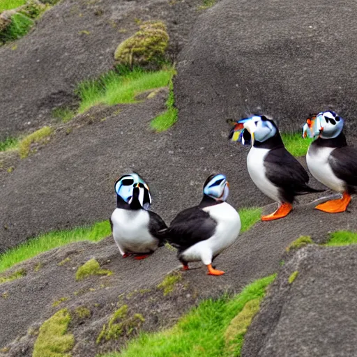 Prompt: puffins on an iceland hill