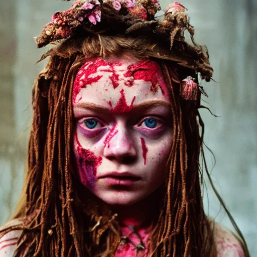 Image similar to 3 5 mm coloured film portrait of sadie sink as aghori sadhu covered in ash creature, hyperrealism, celestial red flowers vibe, photorealistic, detailed, atmospheric, 8 k, award winning photography, cinematic