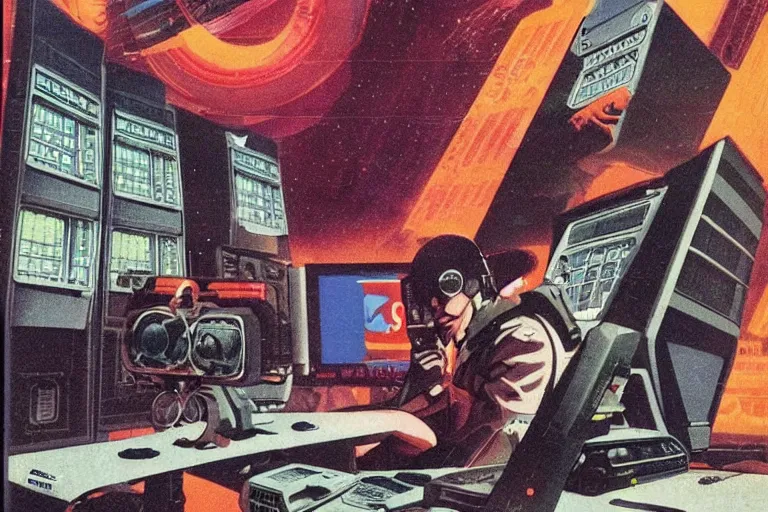 Image similar to 1979 OMNI Magazine Cover depicting a man hooked up to large computer banks. Cyberpunk Akira style by Vincent Di Fate