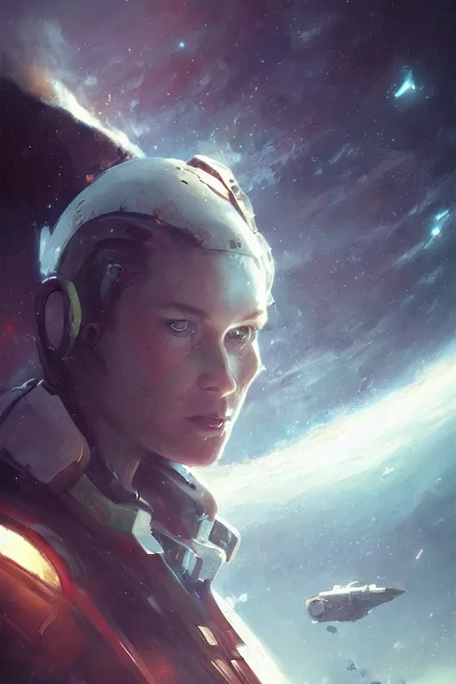 Image similar to A full portrait of a scifi heavy deep space freighter pilot, by Raymond Swanland Greg Rutkowski Lise Deharm, {perfect face}, {perfect eyes}, elegant regal posture