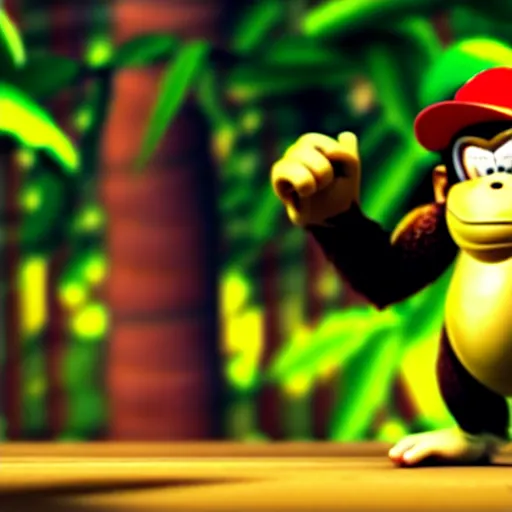 Image similar to Donkey Kong. A banana on the ground, Donkey Kong is standing on the banana. 3D render