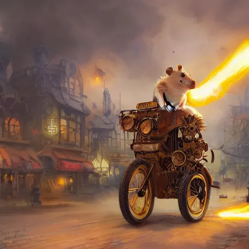 Prompt: oil painting of steampunk hamster riding on duck, steampunk city background, sharp focus, fantasy style, octane render, volumetric lighting, 8k high definition, by greg rutkowski, highly detailed, trending on art Station, explosions, magic the gathering artwork, centered