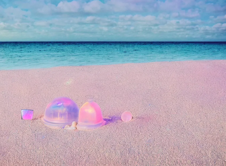 Image similar to a pastel coloured vintage family holiday photo of an empty beach from an alien dreamstate world with chalky pink iridescent!! sand, reflective lavender ocean water, dim bioluminescent plant life and an igloo shaped shiny plastic transparent festival speakers. glare. refraction, volumetric light.