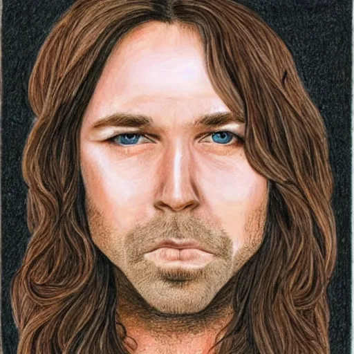 Prompt: colored pencil sketch of a Canadian singer-songwriter, 44, with long brown hair and sad eyes