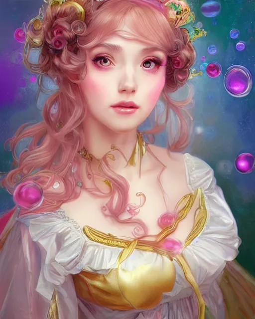 Image similar to portrait of magical lolita girl, dreamy and ethereal, expressive pose, big gold eyes, exciting expression, fantasy, intricate, elegant, many rainbow bubbles, rose tones, highly detailed, digital painting, artstation, concept art, cyberpunk wearing, smooth, sharp focus, illustration, art by artgerm and greg rutkowskiand alphonse mucha