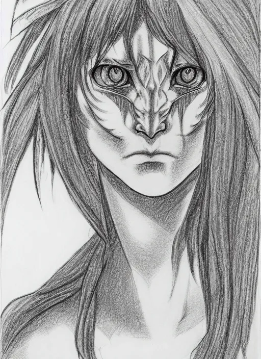 Prompt: line art pencil drawing of a chimera of a sad woman with big crying eyes,, art by shinichi sakamoto and kentaro miura