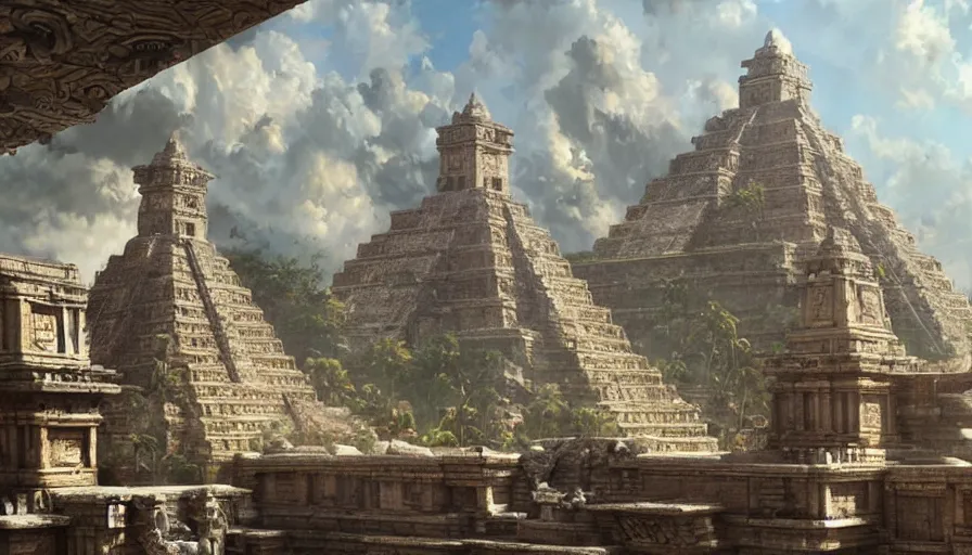 Image similar to excellent hyperrealist painted futuristic Aztec temples somewhere in Europe with fluffy clouds, painted by Hans Fredrik Gude, Greg Rutkowksi, Craig Mullins and Artgerm, masterpiece, 4k, ultra realistic highly detailed oil painting