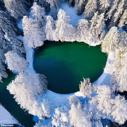 Image similar to photo of a lake covered in snow. the snow has melted in a cross shape and blue water can be seen. arial picture