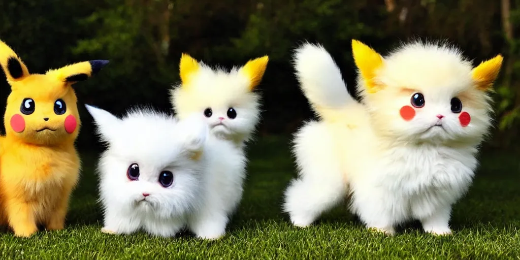 Prompt: real life pokemons, cute!!!, content!!!, mischievous!!!, adorable!!!, little furballs, fluffy!!!, ultra realistic!!!, golden hour, sharp focus