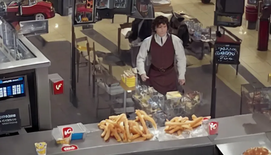 Prompt: film still of frodo working at mcdonalds in the new batman movie, cnn news footage taken from above.