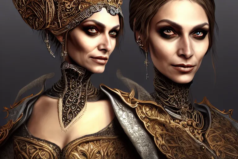 Image similar to a full portrait of a beautiful woman wearing, wearing extremely detailed attire, slim complexity, extremely detailed eyes, medievil, dnd, extremely detailed, high quality, trending on artstation, photo realistic