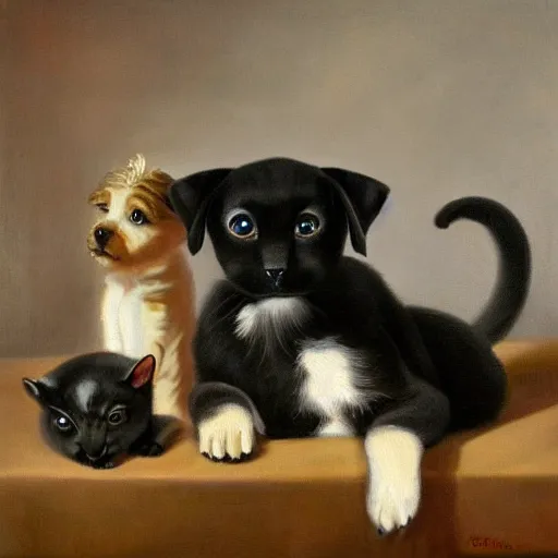 Image similar to oil in canvas of a puppy dog, a black rabbit and a siamese cat,