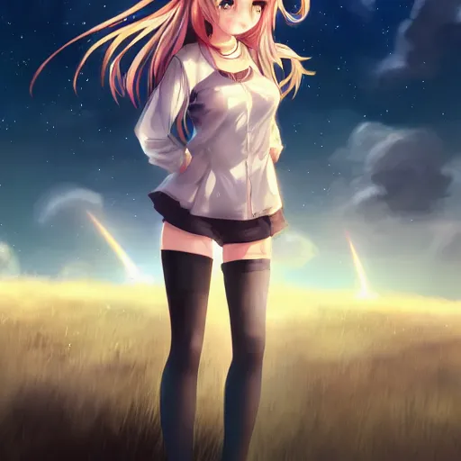 Image similar to anime, full body, bunny girl, a cute female trying to kissing the camera, shooting star in background, long wavy hair, light and shadow effects, highly detailed, digital painting, art station, sharp focus, high quality, frontal view, illustration, concept art, wlop