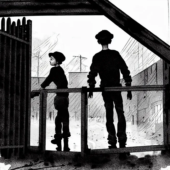 Image similar to [ sadie sink in dirty workmen clothes waves goodbye ] to workmen. near a gate. background : factory, dirty, polluted. technique : black and white pencil and ink. by gabriel hardman, joe alves, chris bonura. cinematic atmosphere, detailed and intricate, perfect anatomy