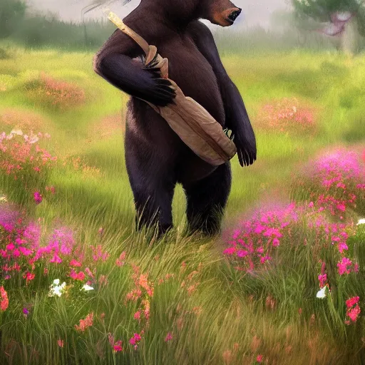 Image similar to girl riding a giant black bear in a field of flowers, trending on artstation