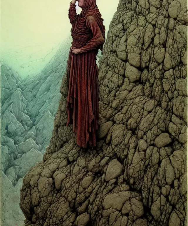 Prompt: A detailed semideer-semiwoman stands among the mountains with a pebble in hand. Wearing a ripped mantle, robe. Extremely high details, realistic, fantasy art, solo, masterpiece, art by Zdzisław Beksiński, Arthur Rackham, Dariusz Zawadzki